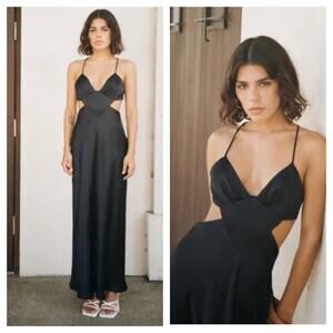 Zara Black Satin Cut Out Slip Maxi Dress Small Tie Back Cocktail Formal Wedding